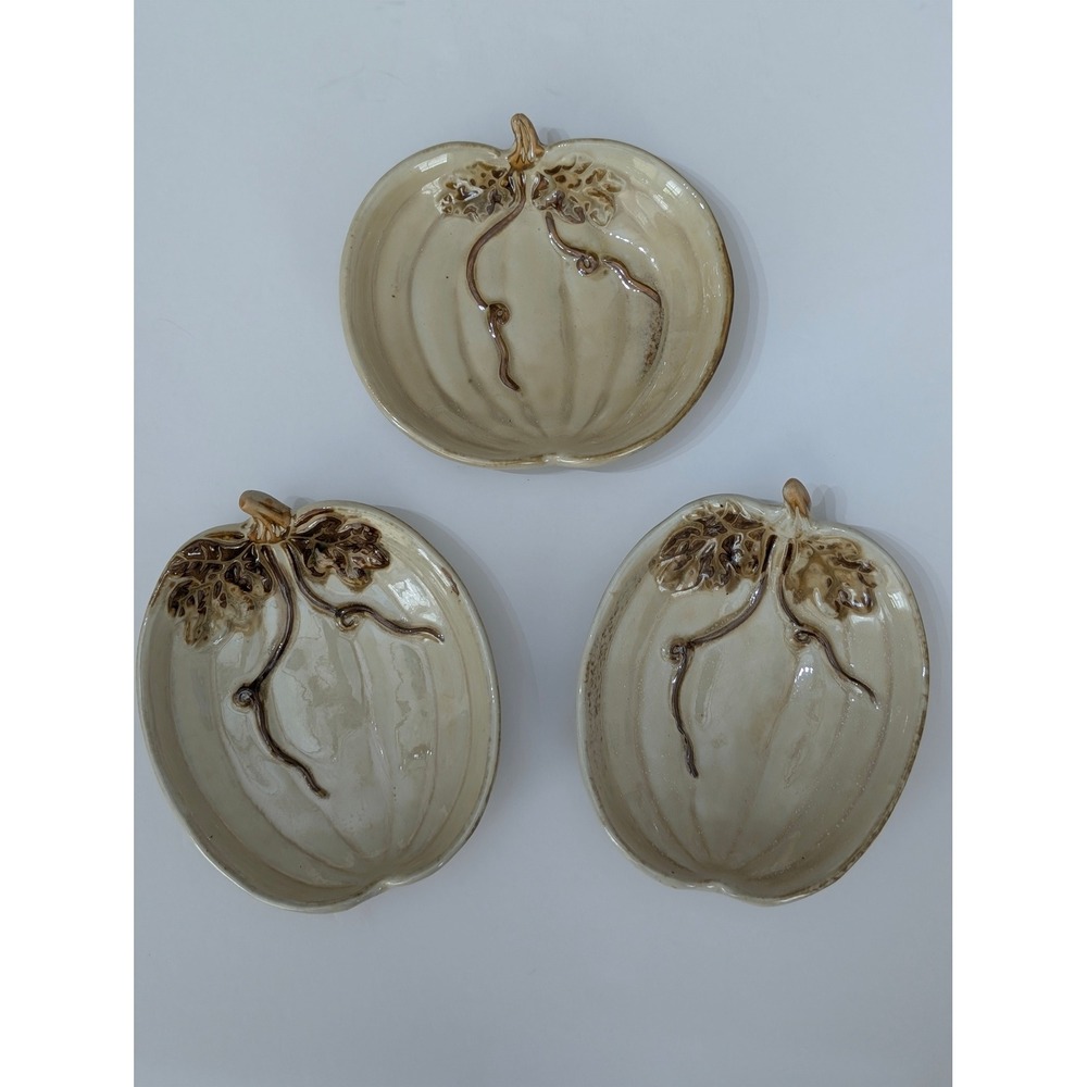 Set of 3 Ceramic Pumpkin Harvest Trinket Dishes Cream Brown Glazed Fall Decor
